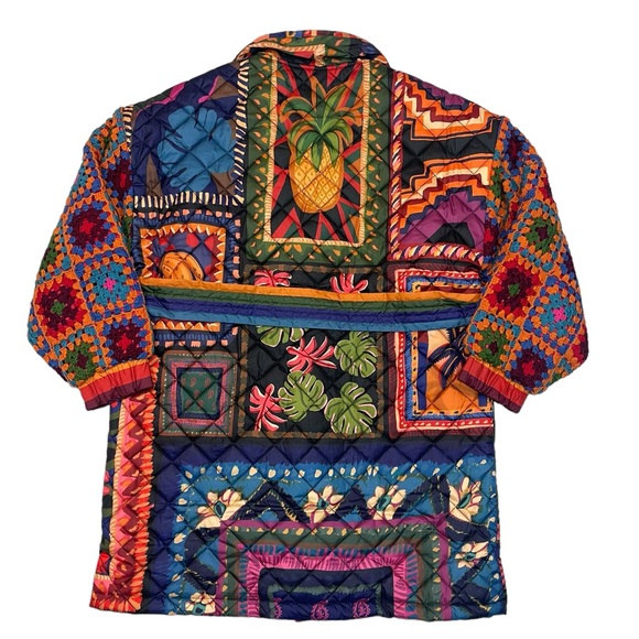 FARM RIO Patchwork Coat Quilted Crochet Sweater Sleeve Trench Boho Print Jacket - Picture 4 of 16